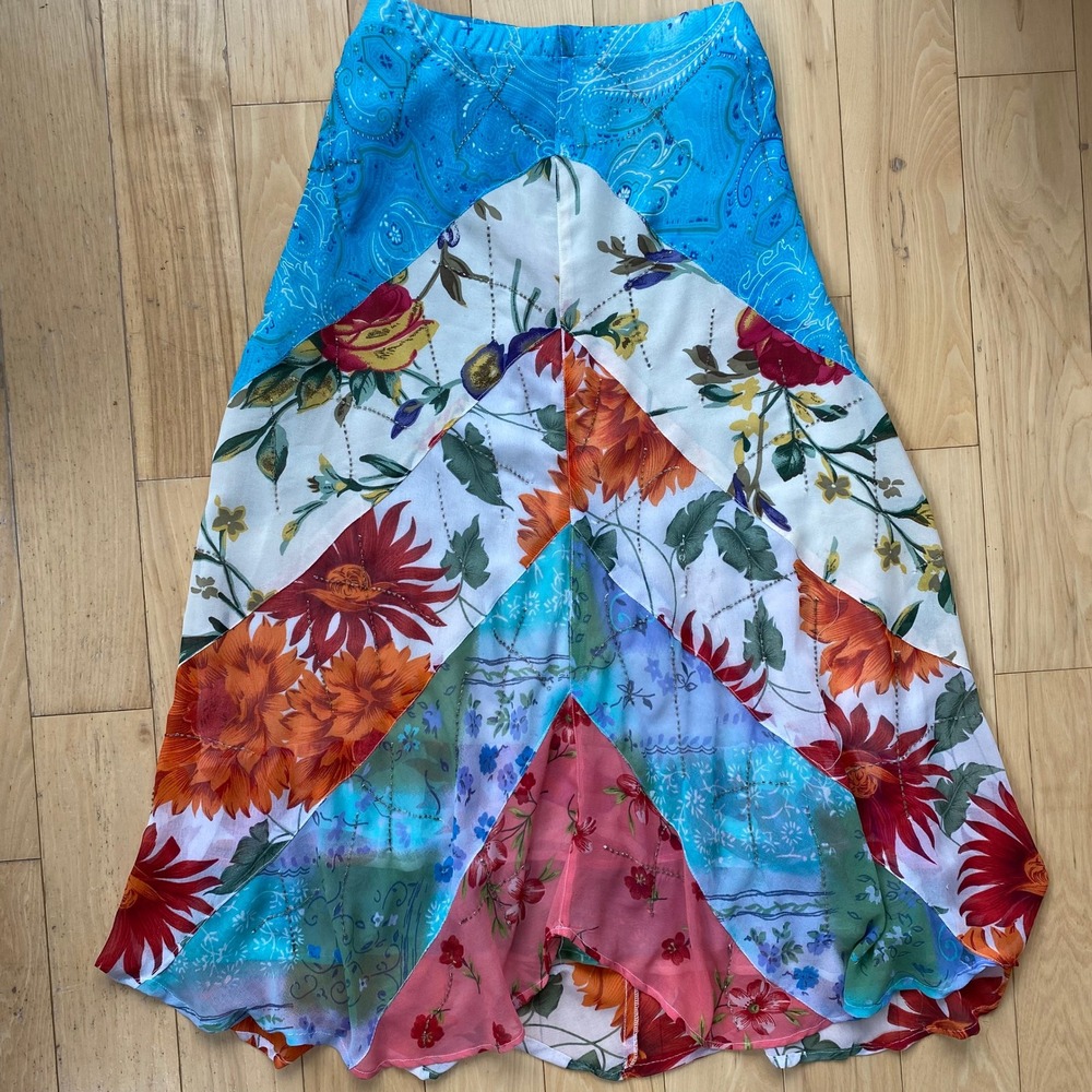 Sacred Threads Boho Multicolor Patchwork Maxi Skirt Beaded Tiered Scarf - M
